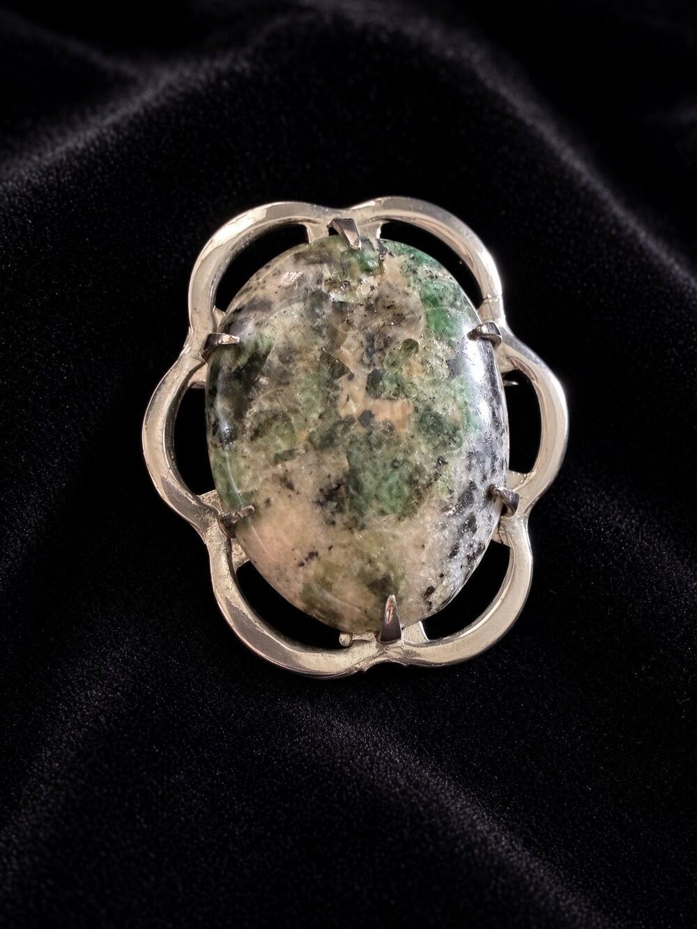 Sterling and Moss Agate Brooch